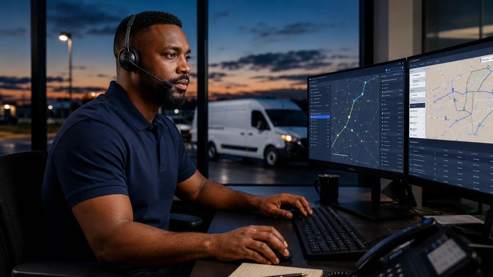 DDT dispatcher wearing a headset coordinating routes on dual monitors, with a white cargo van visible outside at dusk